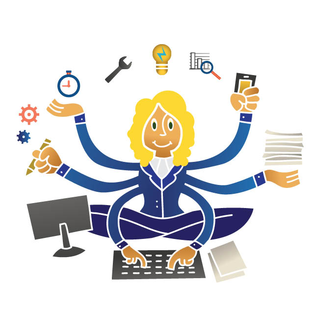 Illustration of a woman with multiple arms accomplishing multiple tasks